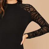 Black Geometric Print Contrast Mesh Elegant Long-sleeve Bodysuit